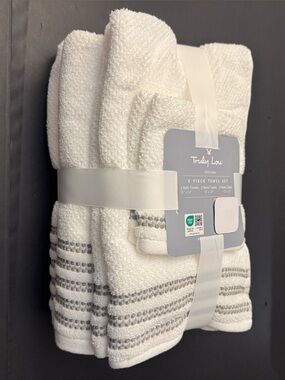 6pc TRULY LOU 100% Cotton Bath Towel Set - Bundle - White/Gray